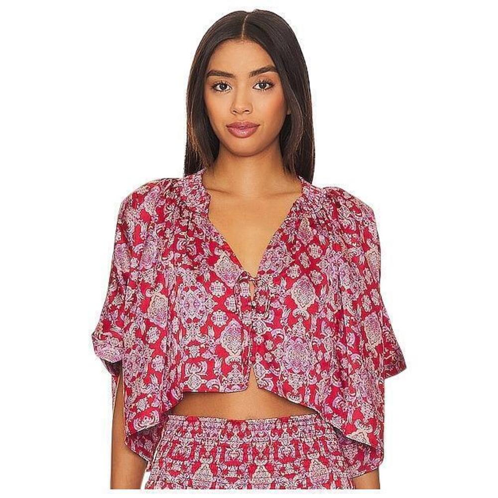 NWT Free People Intimately Misty Morning Top XS Red Printed Satin Oversized